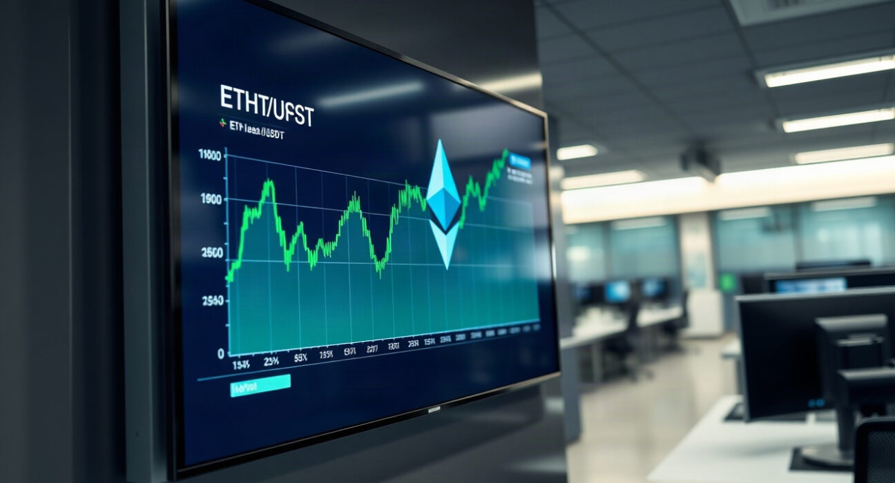 Ethereum price chart showing ETH rising above $2,300 on a trading screen
