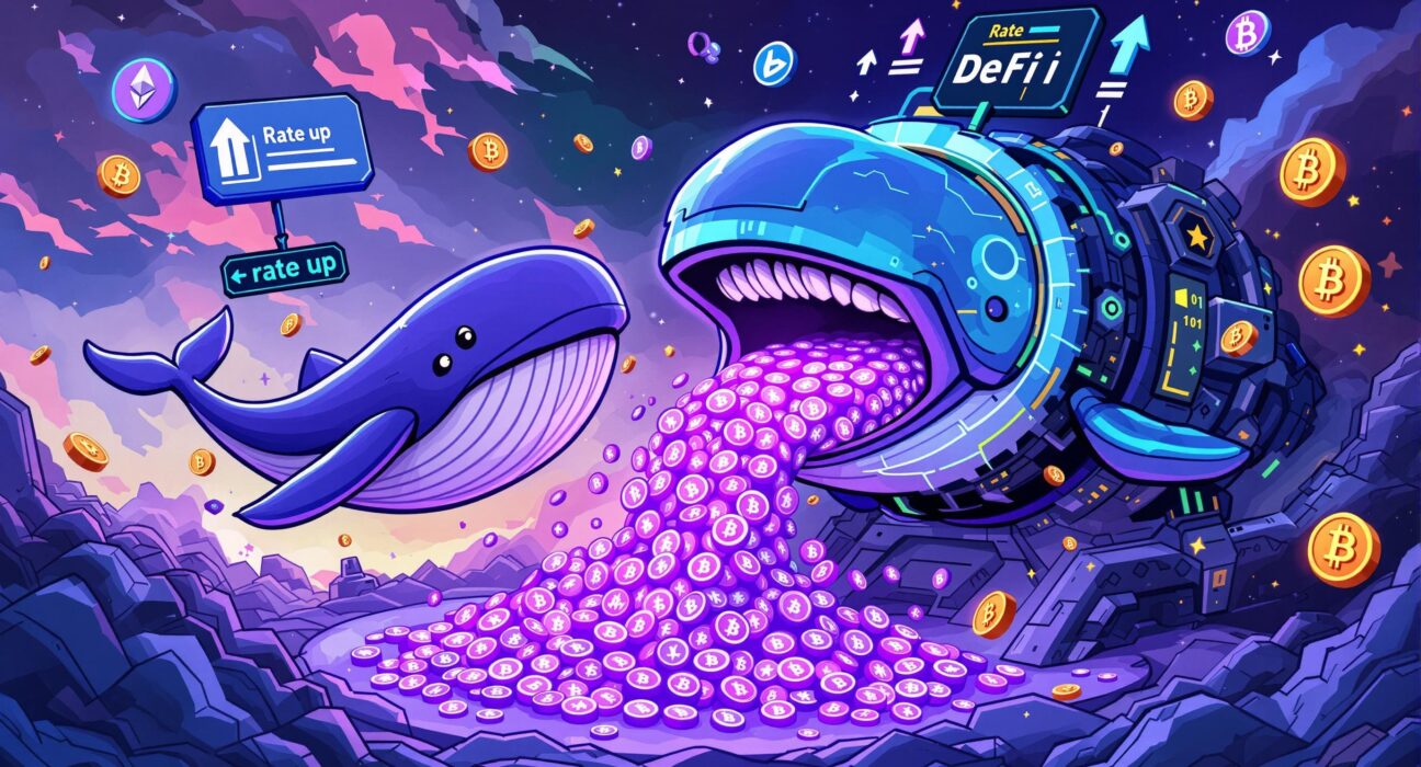 Cartoon illustration of a large, stylized whale figure with glowing eyes, gently pulling a stream of shimmering Ether tokens away from a vibrant, futuristic DeFi platform, symbolizing significant Ether withdrawals and their impact on the crypto ecosystem.