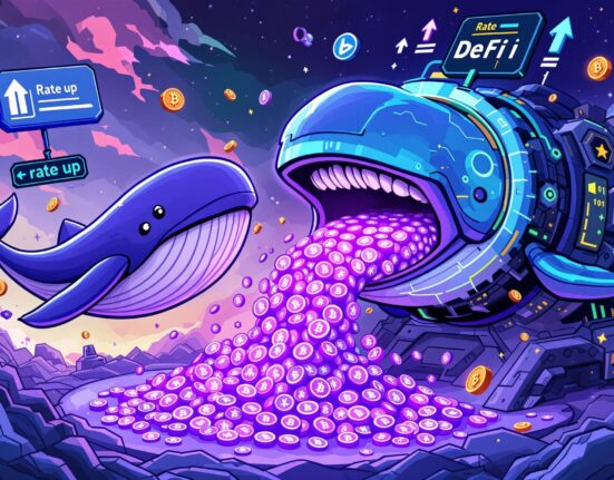 Cartoon illustration of a large, stylized whale figure with glowing eyes, gently pulling a stream of shimmering Ether tokens away from a vibrant, futuristic DeFi platform, symbolizing significant Ether withdrawals and their impact on the crypto ecosystem.