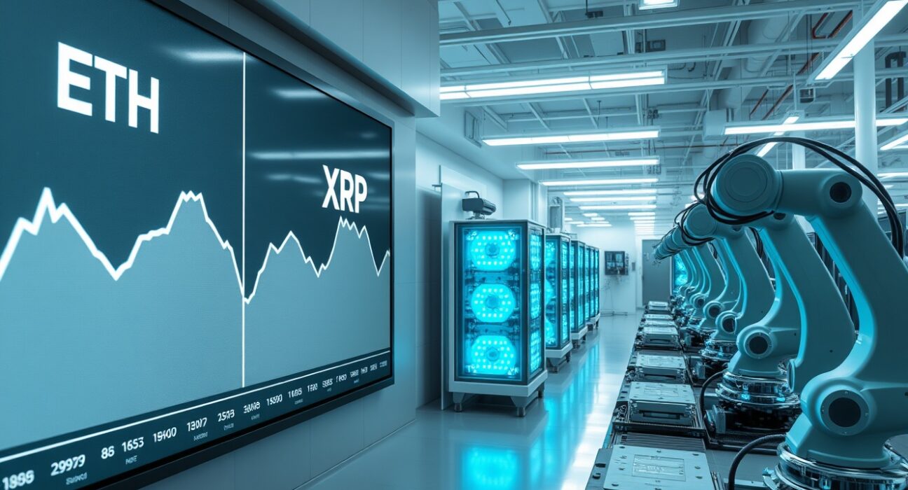 Side-by-side visual of flat cryptocurrency price charts and a modern semiconductor fabrication facility.