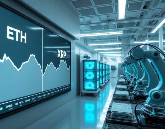 Side-by-side visual of flat cryptocurrency price charts and a modern semiconductor fabrication facility.