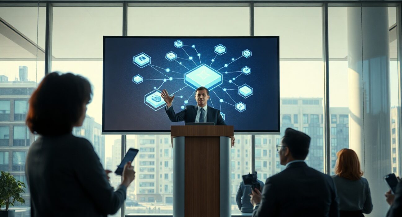 Etherealize CEO speaking at a blockchain industry conference, warning about private consortium chain competition