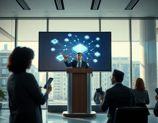 Etherealize CEO speaking at a blockchain industry conference, warning about private consortium chain competition