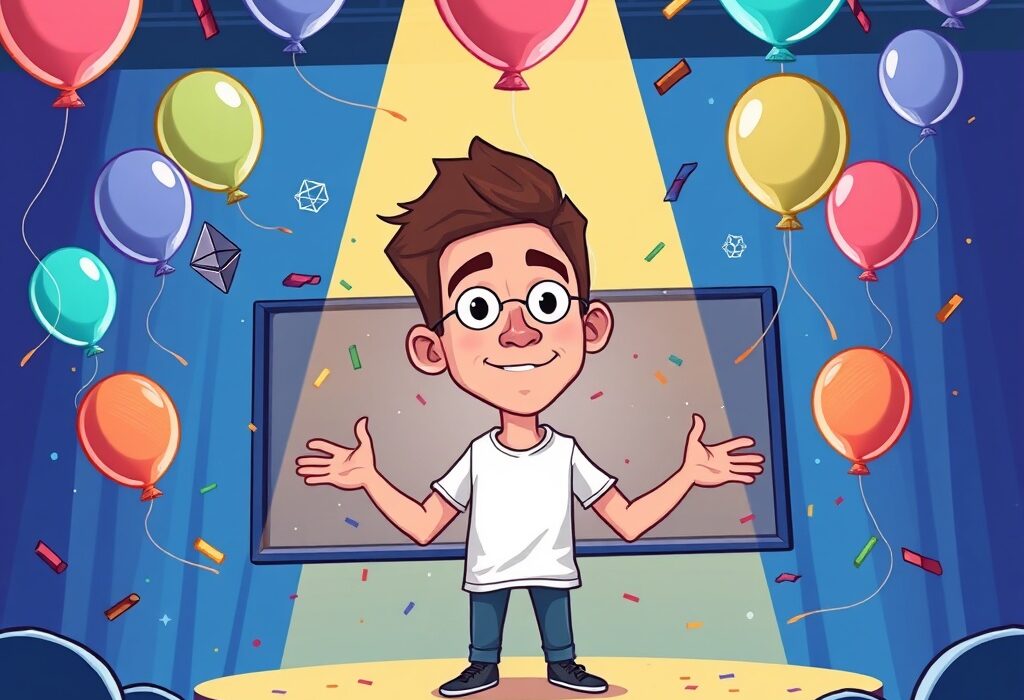 Vitalik Buterin celebrating Ethereum's 10th anniversary on a livestream, symbolizing a decade of blockchain innovation and growth.