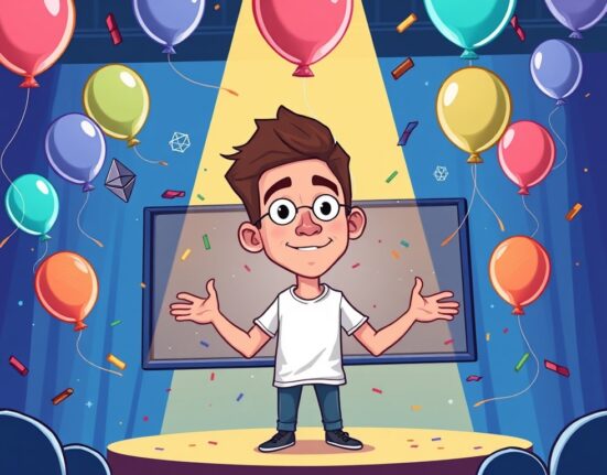 Vitalik Buterin celebrating Ethereum's 10th anniversary on a livestream, symbolizing a decade of blockchain innovation and growth.