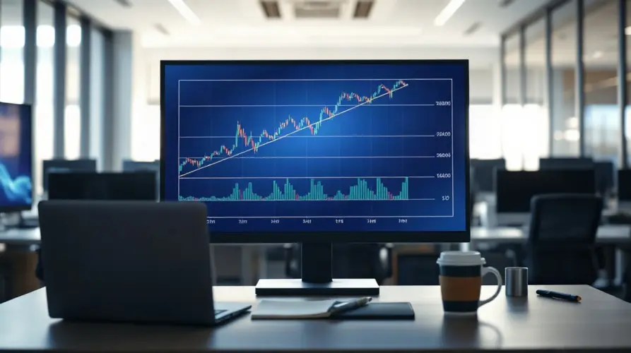 Trading desk monitor showing a candlestick crypto price chart with an upward trendline and resistance bands