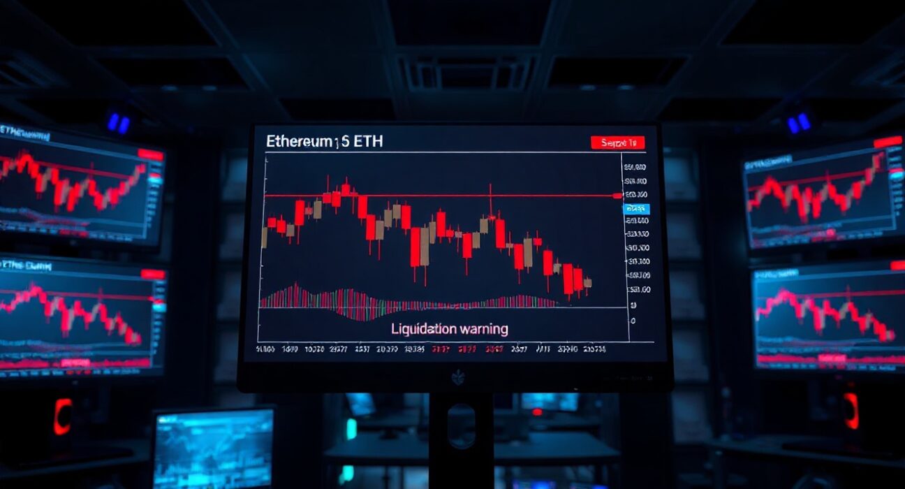 Ethereum price chart showing liquidation risk on trading monitors in a dark data center