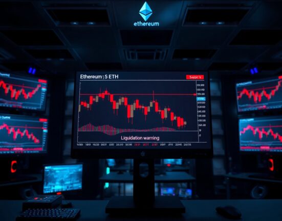 Ethereum price chart showing liquidation risk on trading monitors in a dark data center