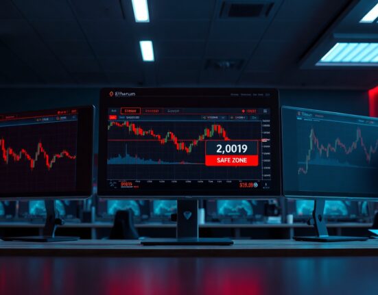 Ethereum price chart on trading monitors showing liquidation risk near $2,009 level
