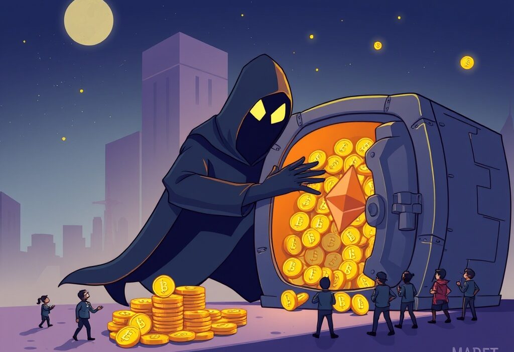 A cartoon depicting significant Ethereum accumulation by a large, mysterious entity, symbolizing major institutional ETH investment and its impact on the market.