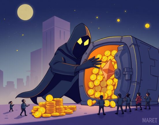 A cartoon depicting significant Ethereum accumulation by a large, mysterious entity, symbolizing major institutional ETH investment and its impact on the market.