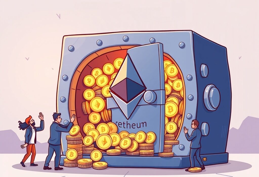 A cartoon illustration showing a large vault or treasure chest overflowing with Ethereum (ETH) coins, representing significant Ethereum accumulation by institutional investors.