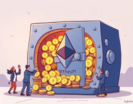 A cartoon illustration showing a large vault or treasure chest overflowing with Ethereum (ETH) coins, representing significant Ethereum accumulation by institutional investors.