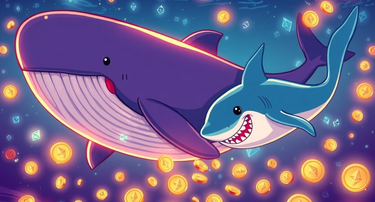 A cartoon whale and shark show a massive Ethereum accumulation in a vibrant digital ocean.