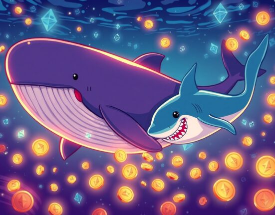 A cartoon whale and shark show a massive Ethereum accumulation in a vibrant digital ocean.
