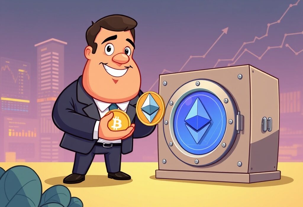 A cartoon illustration depicting SharpLink Gaming's significant Ethereum acquisition, symbolizing strategic investment in digital assets.