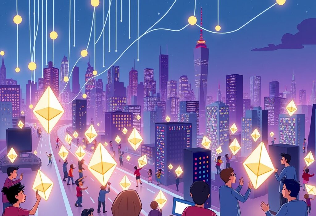 A vibrant cartoon showing many users engaging with the Ethereum network, symbolizing the elevated count of Ethereum active addresses.