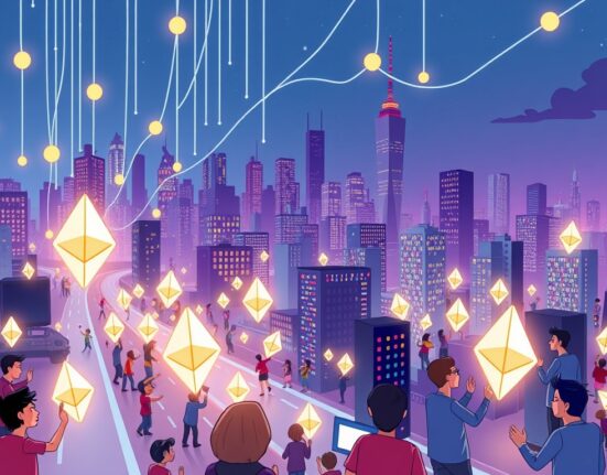 A vibrant cartoon showing many users engaging with the Ethereum network, symbolizing the elevated count of Ethereum active addresses.