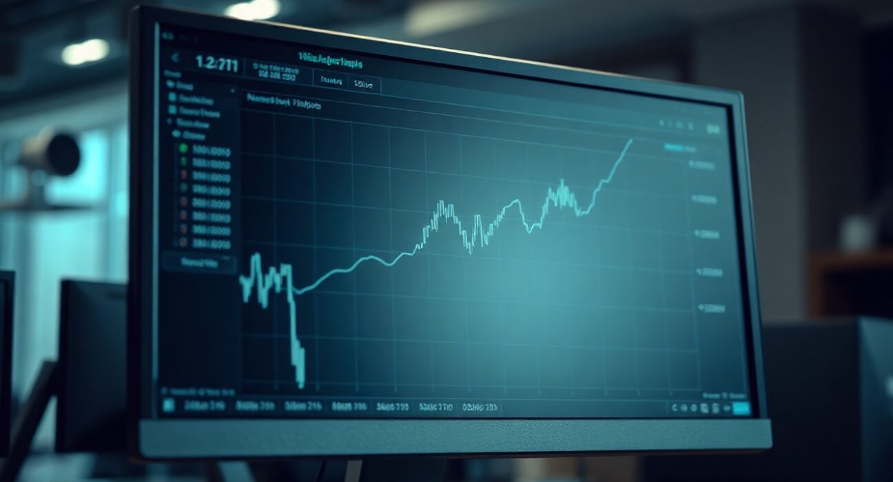 Ethereum blockchain analytics dashboard showing rising active addresses on a monitor