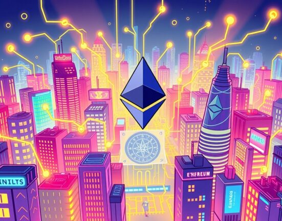 A vibrant cartoon showing many active Ethereum addresses connecting, symbolizing the remarkable growth of the Ethereum network.