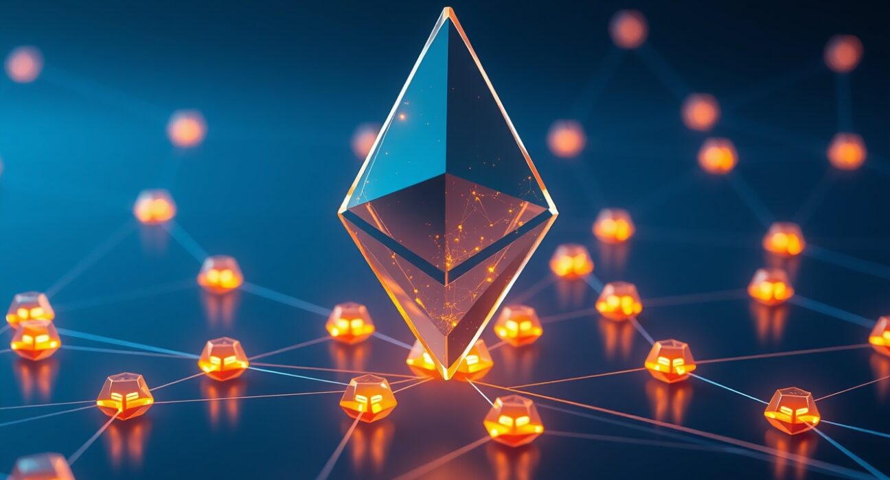 Ethereum blockchain network activity visualization showing increased data flow and connection nodes representing the 121% surge in active addresses.