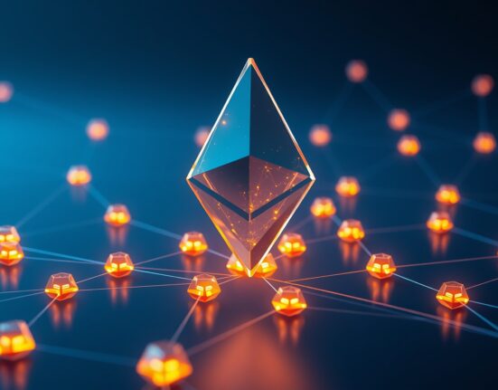Ethereum blockchain network activity visualization showing increased data flow and connection nodes representing the 121% surge in active addresses.