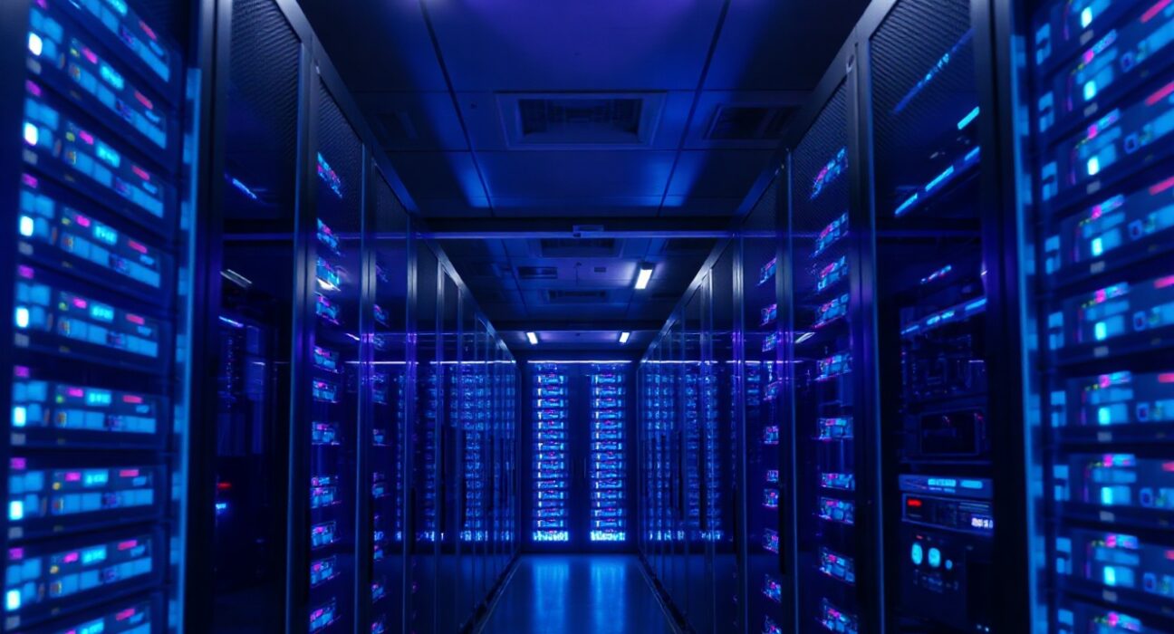 Modern data center server racks with blue LED lighting representing Ethereum blockchain infrastructure.