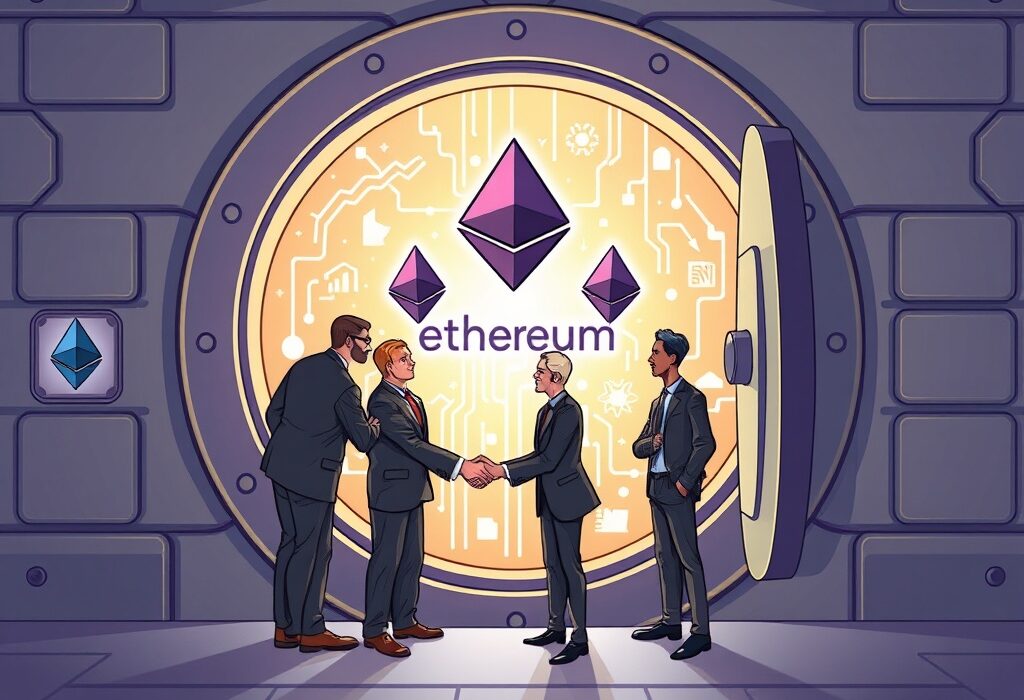 Cartoon showing a secure handshake between finance and tech, symbolizing significant Ethereum institutional adoption and funding.