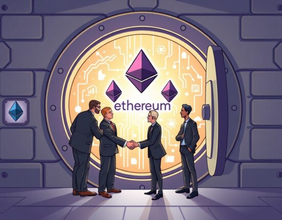 Cartoon showing a secure handshake between finance and tech, symbolizing significant Ethereum institutional adoption and funding.