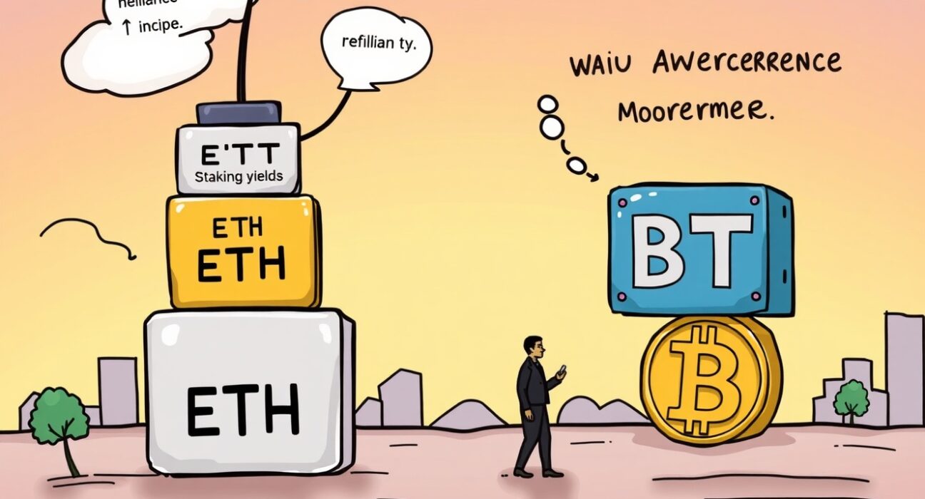 Cartoon showing a company leveraging its Ethereum advantage for growth and resilience compared to a Bitcoin-focused counterpart.