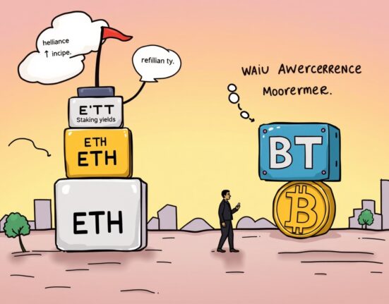 Cartoon showing a company leveraging its Ethereum advantage for growth and resilience compared to a Bitcoin-focused counterpart.