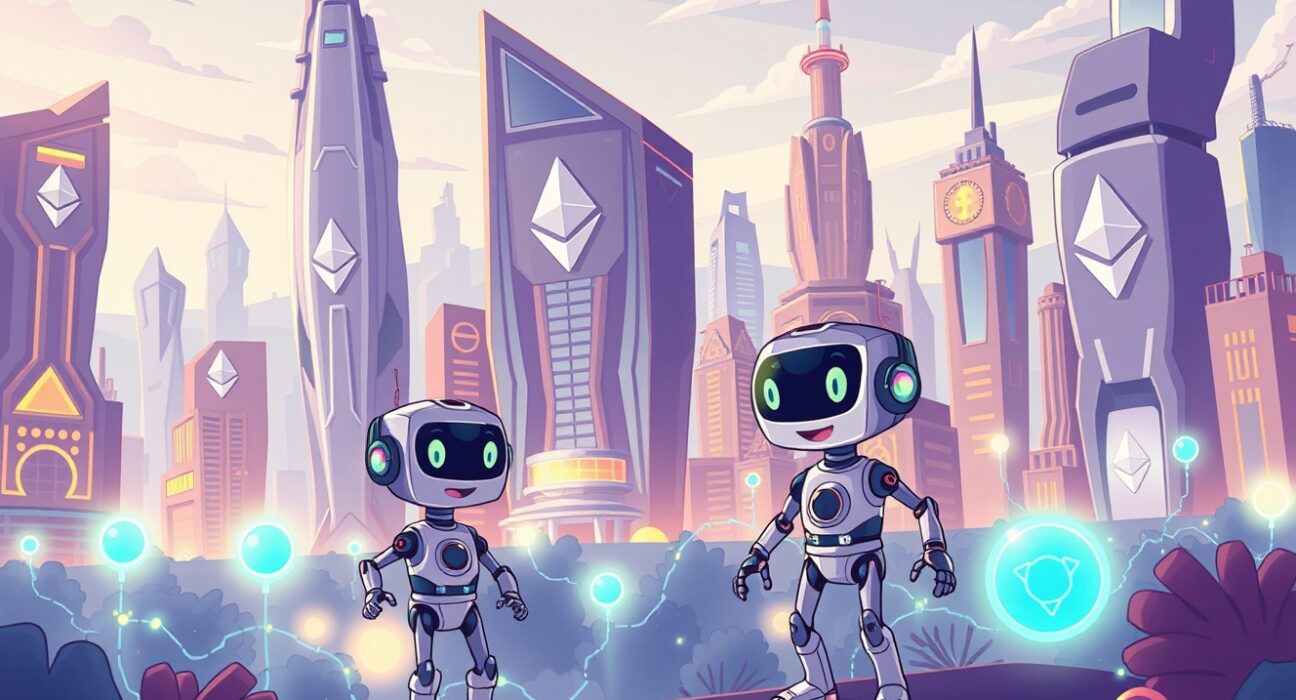 Cartoon illustration showing an Ethereum AI team building a decentralized future, with AI agents interacting on a blockchain network.