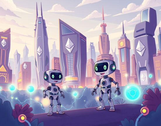 Cartoon illustration showing an Ethereum AI team building a decentralized future, with AI agents interacting on a blockchain network.