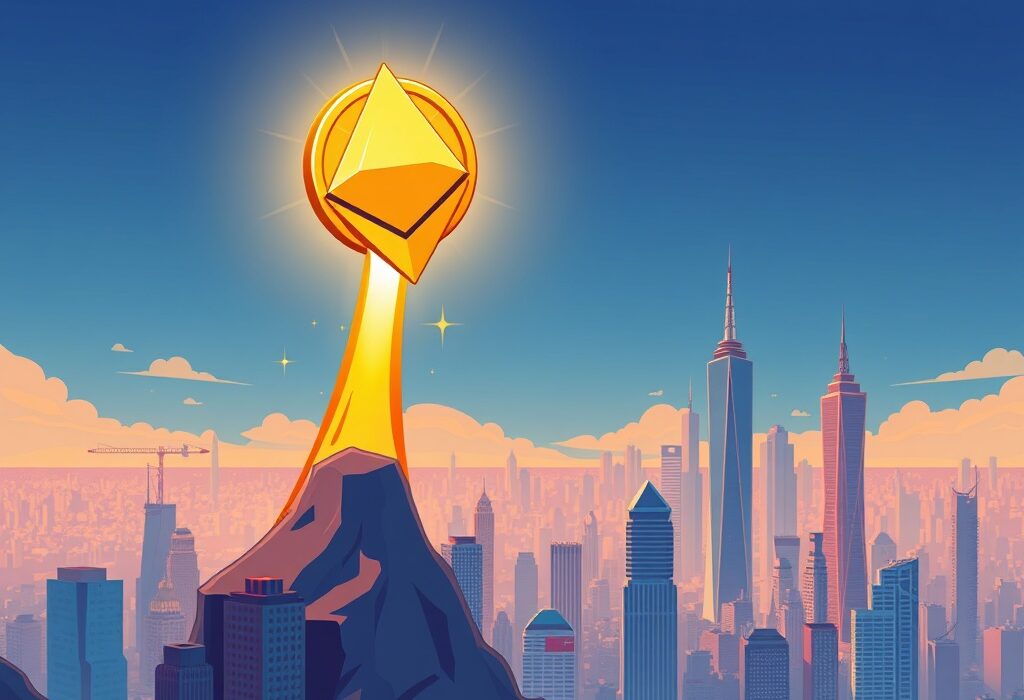 A cartoon illustration depicting the Ethereum all-time high, with the ETH logo soaring above previous market peaks, symbolizing its remarkable achievement.
