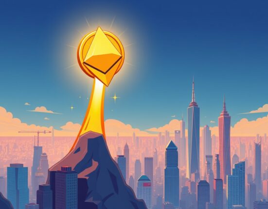 A cartoon illustration depicting the Ethereum all-time high, with the ETH logo soaring above previous market peaks, symbolizing its remarkable achievement.