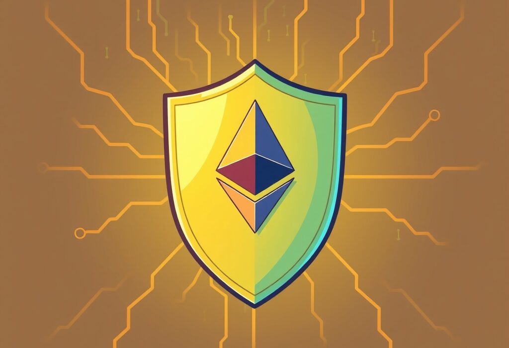 A cartoon illustration depicting a strong shield protecting the core principles of Ethereum base layer neutrality from centralizing forces.