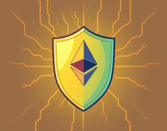 A cartoon illustration depicting a strong shield protecting the core principles of Ethereum base layer neutrality from centralizing forces.