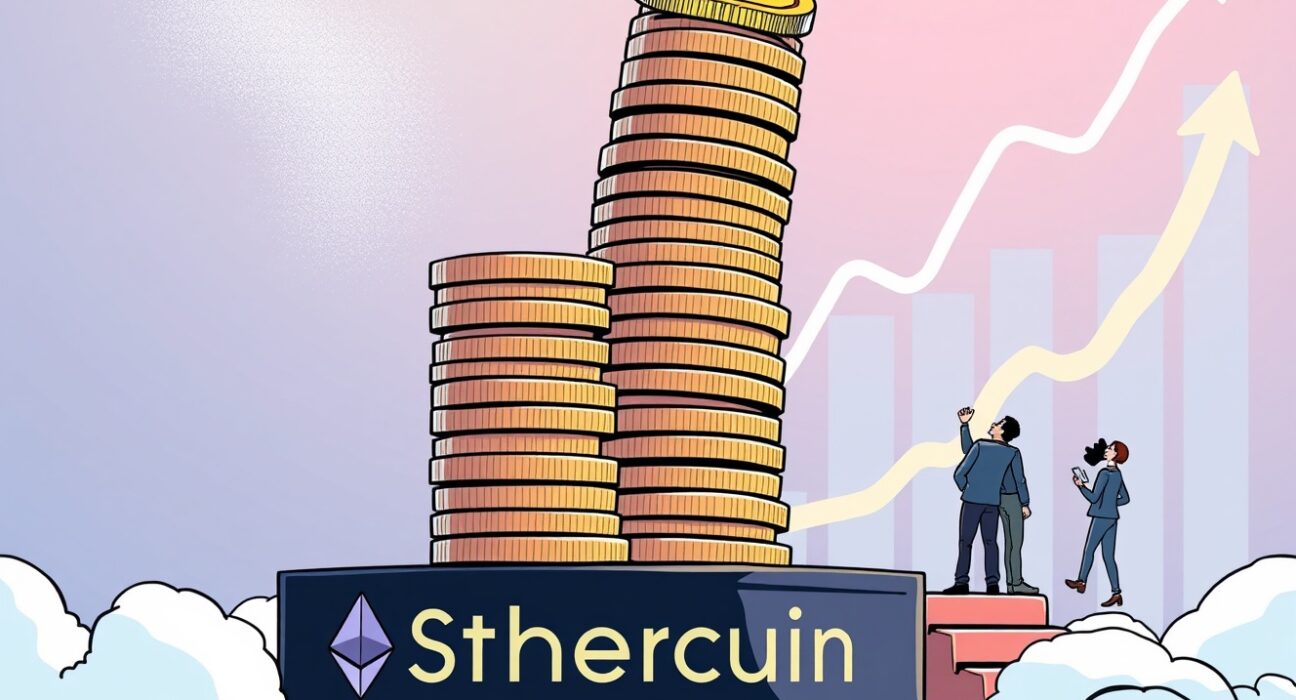 A cartoon depiction of Ethereum-based stablecoins reaching an all-time high, symbolizing robust growth and market confidence.
