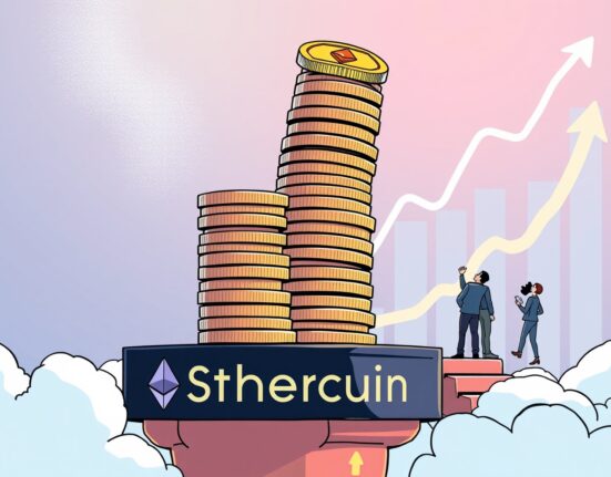 A cartoon depiction of Ethereum-based stablecoins reaching an all-time high, symbolizing robust growth and market confidence.