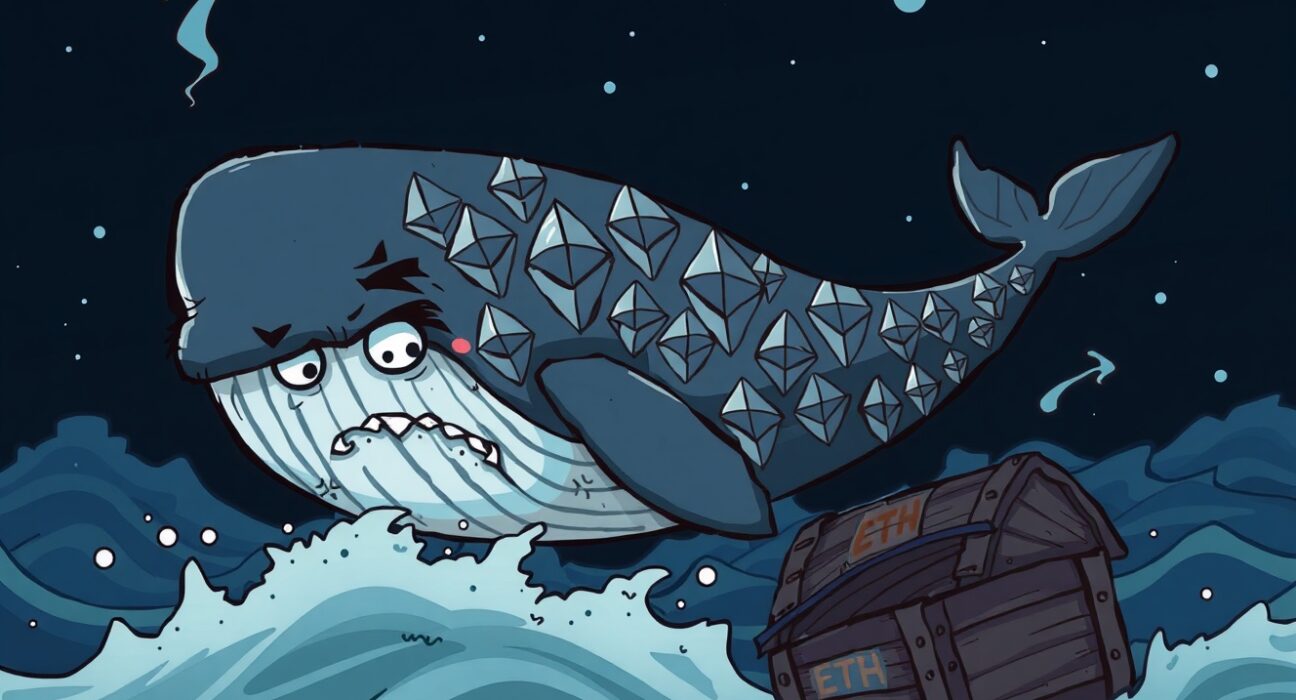 An illustration showing Ethereum bearish pressure as a large whale sinks in turbulent crypto market waters.