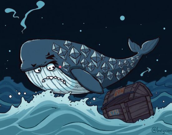 An illustration showing Ethereum bearish pressure as a large whale sinks in turbulent crypto market waters.