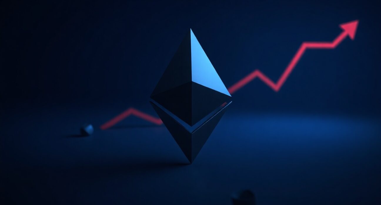 Ethereum symbol in dark moody setting with red downward trend indicators