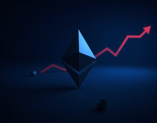 Ethereum symbol in dark moody setting with red downward trend indicators