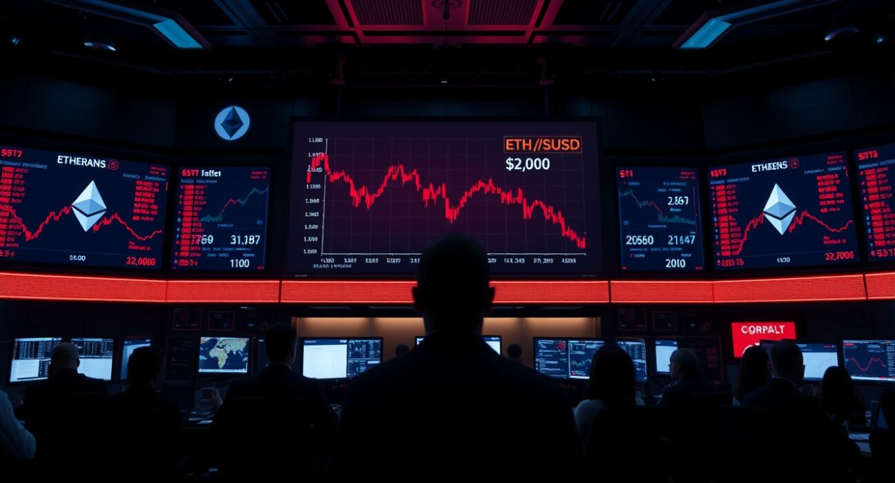 Trading floor with Ethereum price chart showing drop below $2,000 and record futures open interest