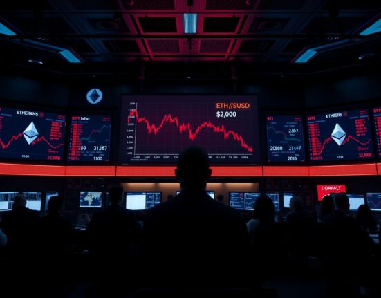 Trading floor with Ethereum price chart showing drop below $2,000 and record futures open interest