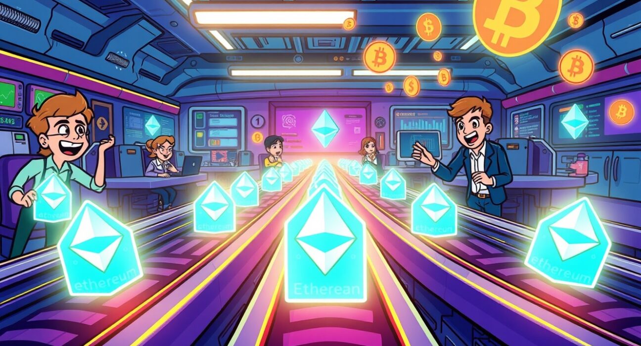 Animated illustration of the revolutionary Ethereum block trading platform ETHGas facilitating digital asset transactions.
