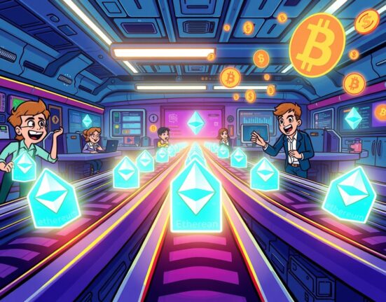 Animated illustration of the revolutionary Ethereum block trading platform ETHGas facilitating digital asset transactions.