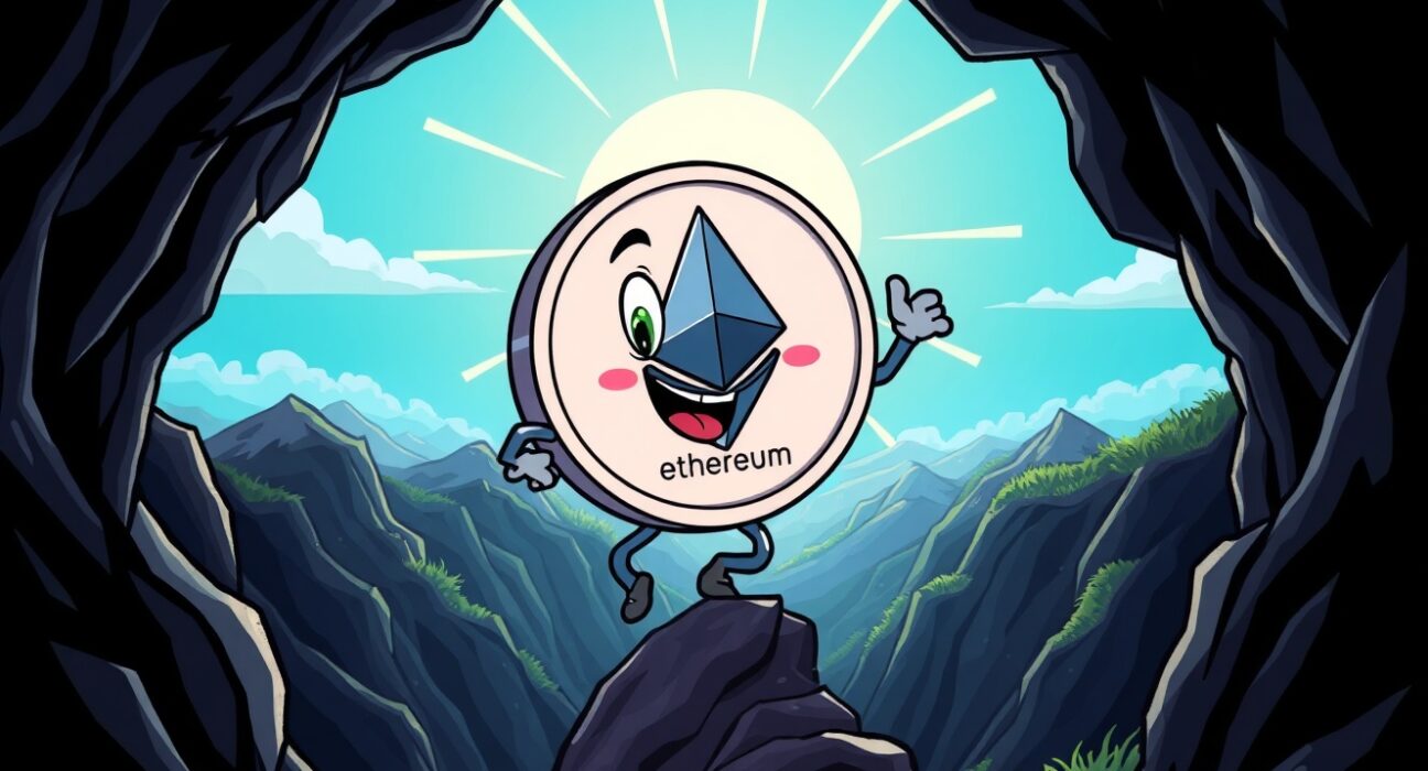 A hopeful cartoon Ethereum coin climbing out of a valley, symbolizing the prediction that Ethereum has bottomed.