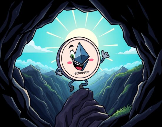 A hopeful cartoon Ethereum coin climbing out of a valley, symbolizing the prediction that Ethereum has bottomed.