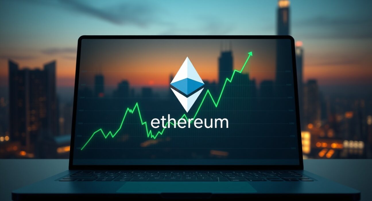 Ethereum logo displayed on a digital interface with a rising chart, symbolizing bullish market sentiment.
